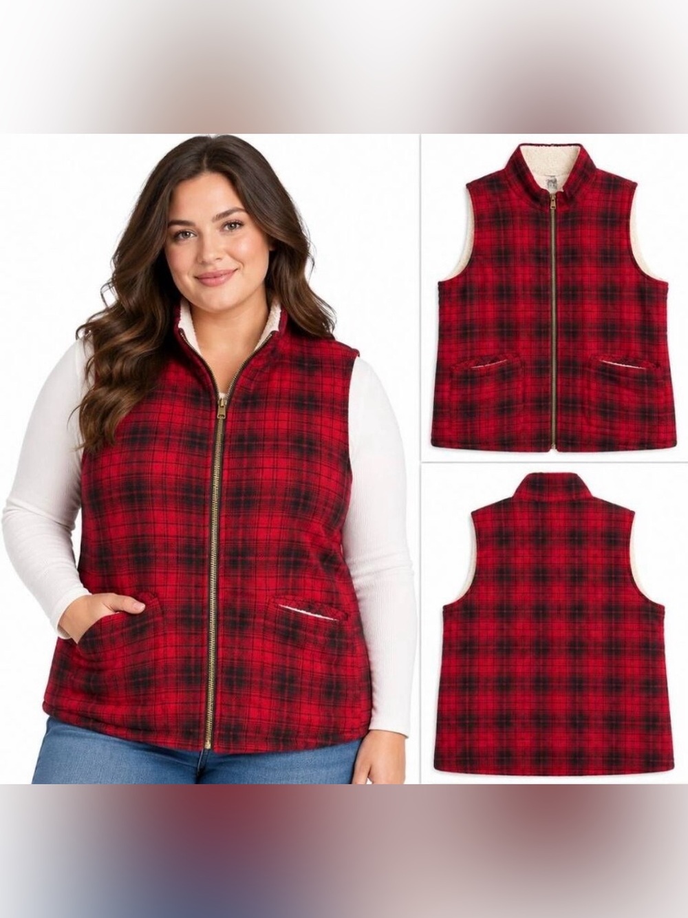 NWT Maurices Red Black Plaid Sherpa Lined Zip Up Vest Size XL Wool Blend